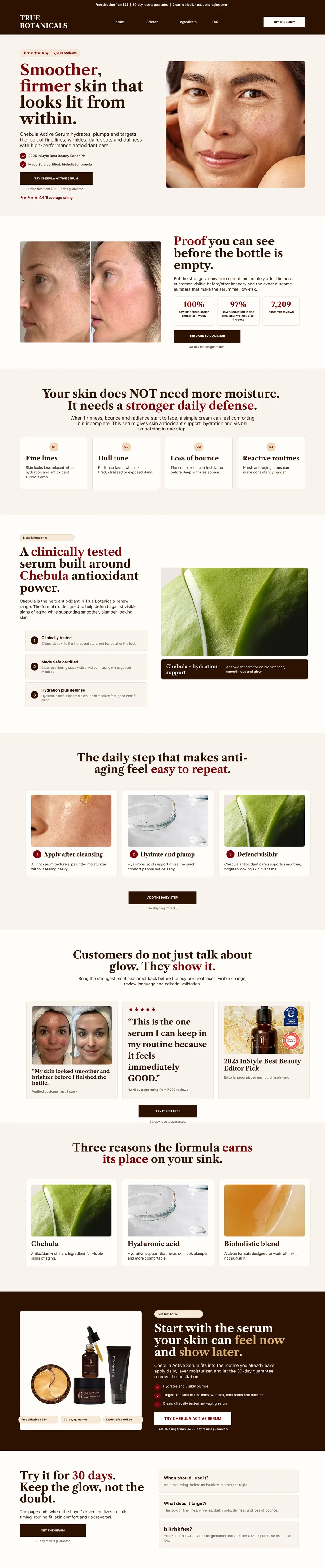 Long-form skincare landing page sequence with proof, mechanism, routine, reviews, and buy section