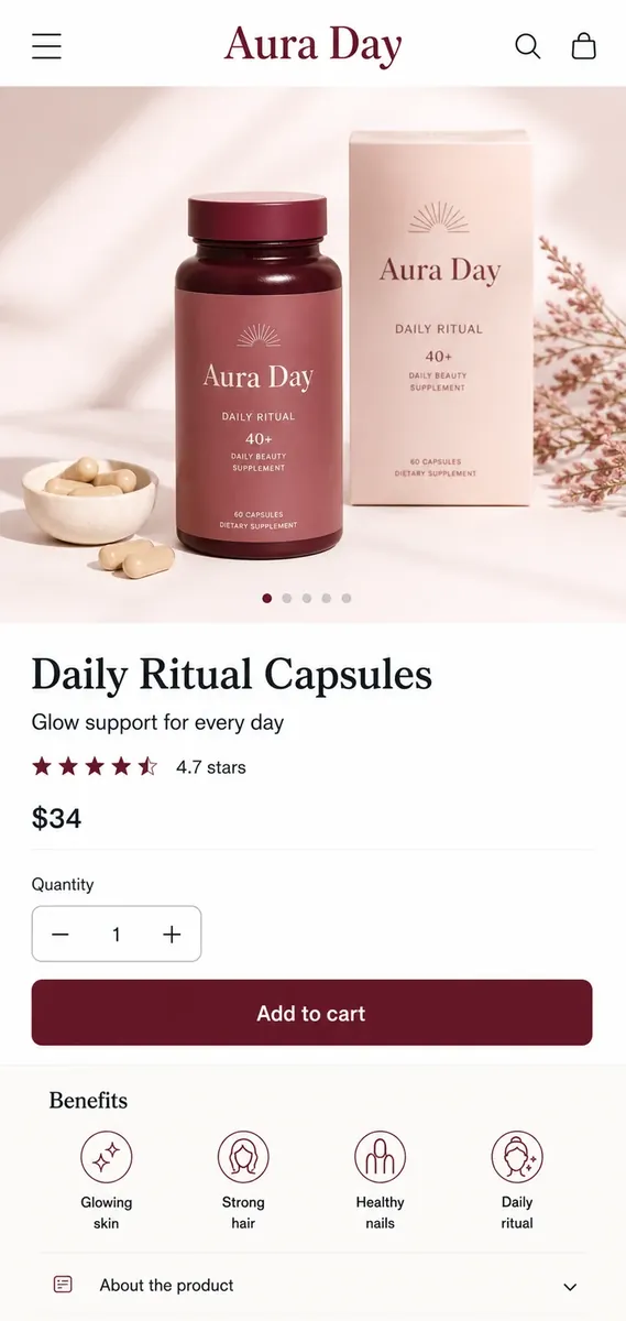Aura Day generic product detail page with product image, price, quantity selector, and add to cart button