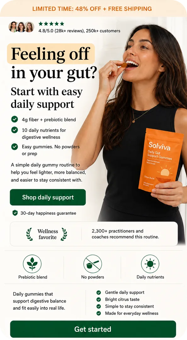 Mobile landing page continuing the same gut support promise with an orange highlighted headline